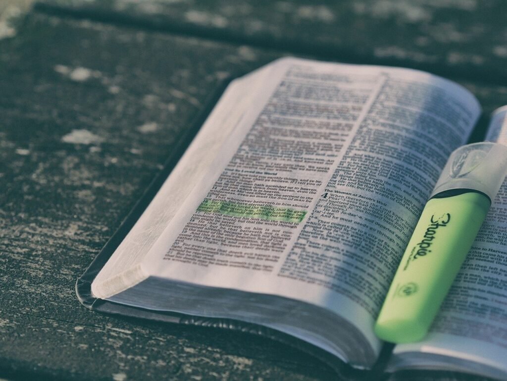 bible, book, highlighter